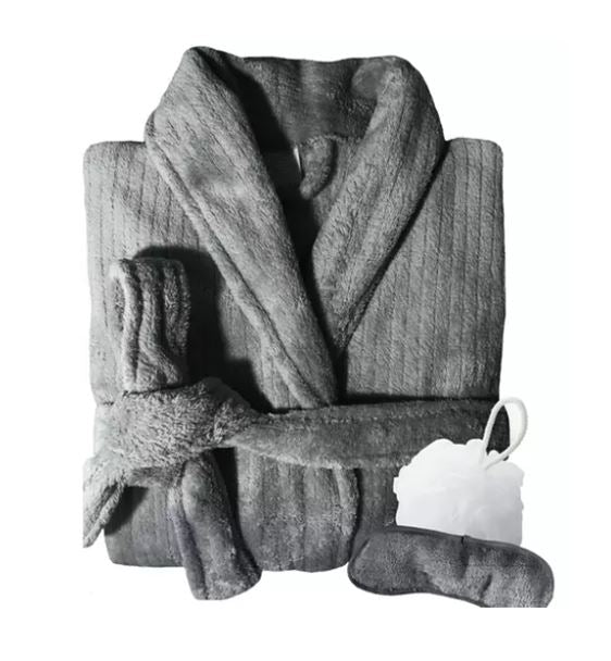 Soft Touch Quick Dry Bathrobe with Sleeping Mask and Body Sponge Gift Pack Charcoal