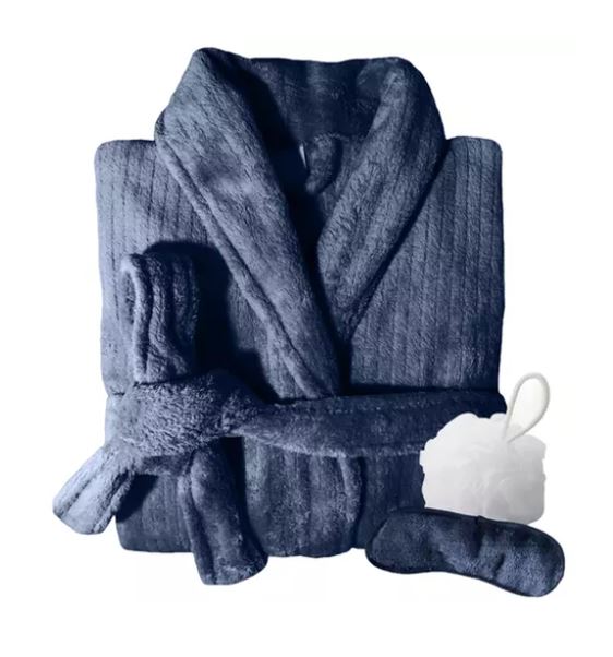 Soft Touch Quick Dry Bathrobe with Sleeping Mask and Body Sponge Gift Pack Navy